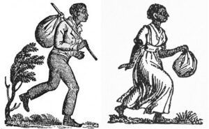 18th or 19th century clip art of runaway slaves, commonly used in newspapers next to runaway slave ads
